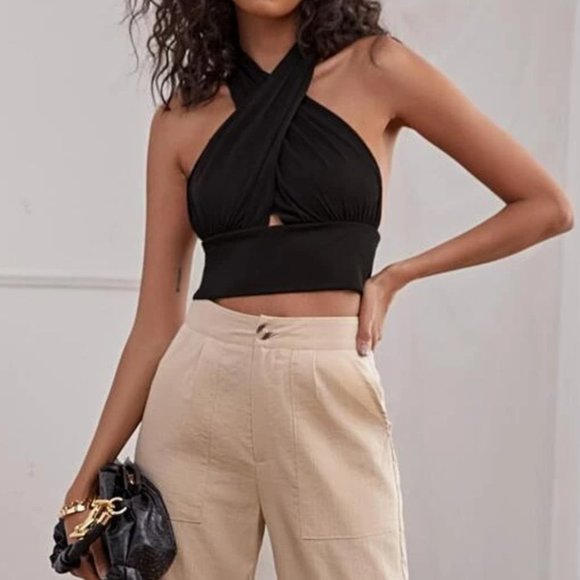 Boho black Ribbed Summer Wrap Crop Halter Top - Picture 4 of 7